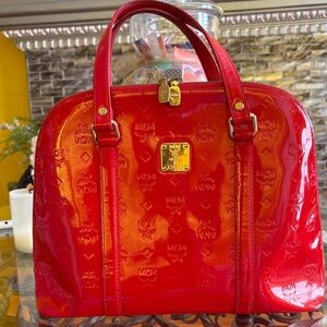 MCM Glossy Red Satchel Bag